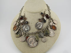 Vintage Faux Roman Coin and Cameo Necklace & Earrings, Chunky, 16"-19"1980's-1990's