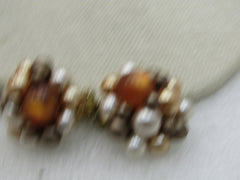 Vintage Japan Beaded Clip Earrings, Tan/Amber/Cream, Mid-Century, 7/8"