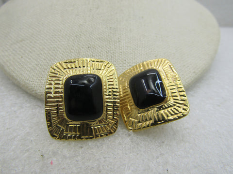 Vintage Goldtone Black Rectangular Clip Earrings, 1980's. 1-1/8", Egyptian-ish