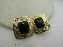 Vintage Goldtone Black Rectangular Clip Earrings, 1980's. 1-1/8", Egyptian-ish