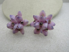 Vintage Lilac Blossom Screw Back Earrings, Rhinestones, Mid-Century, 1.25"