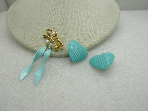 Vintage 2 Pair  Aqua/Teal Enameled Clip Earrings, Hearts, and Twisted Dangles.