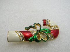 Vintage Christmas Enameled Rhinestone Candy Cane Brooch