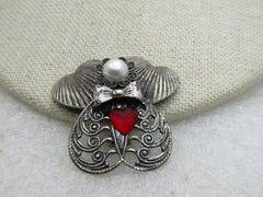 Vintage Angel Brooch Signed Jane with Faux Pearl Red Heart