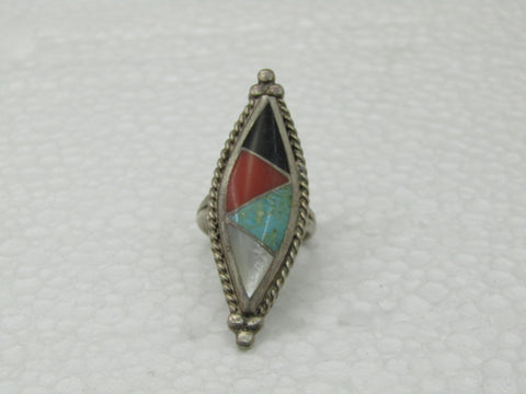Vintage Sterling Southwestern Inlaid Turquoise, Ring Onyx MOP, Coral, Sz. 6