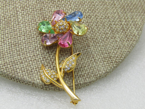 Vintage Joan Rivers Rhinestone Spinning Floral Brooch, Pinwheel, Pastels, gold tone. 2.5"