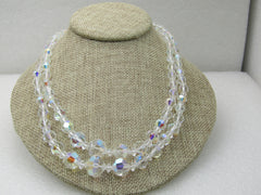 Vintage Aurora Borealis Crystal Necklace, Double Strand 18" Plus 2" Extender Chain