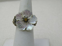 Vintage Sterling Floral MOP Ring, Citrine and  Marcasite Butterfly, Signed CNA, Sz. 6.25, 6.20 gr.