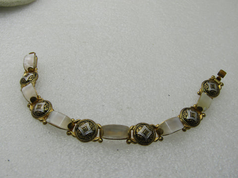 Vintage Damascene Mother-of-Pearl Bracelet, 7", 6.5-11mm wide