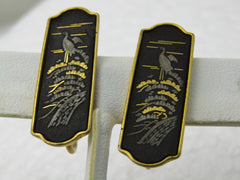 Vintage Damascene Japanese  Bird Scene Earrings, Signed Amita
