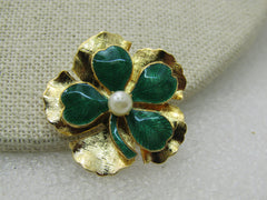 Vintage Enameled Four-Leaf Clover Brooch, Faux Pearl, 1-1/8", Gold tone