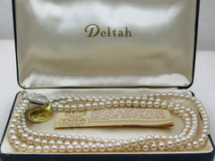 Vintage Deltah Triple Strand Faux Pearl Choker, Rhinestone Clasp, 14.25", Original Box