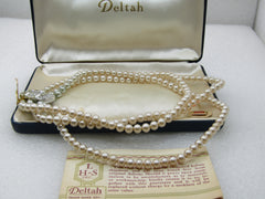 Vintage Deltah Triple Strand Faux Pearl Choker, Rhinestone Clasp, 14.25", Original Box