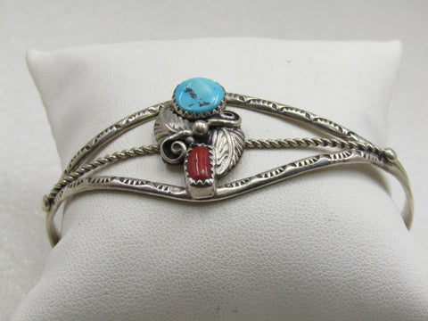 Vintage Sterling Silver Navajo Turquoise Coral Cuff Bracelet, Richard Begay, 7"