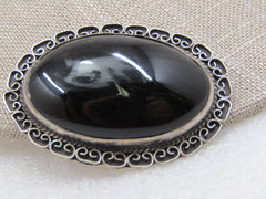 Vintage Sterling Mexican Jet/Onyx Brooch Pendant, 2" by 1.5"