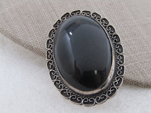 Vintage Sterling Mexican Jet/Onyx Brooch Pendant, 2" by 1.5"