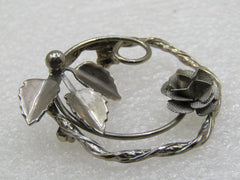 Vintage Silver Tone 3-D Rose Circle Brooch, 1960's-1970s
