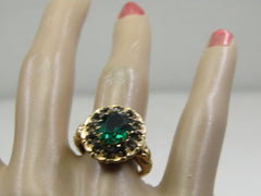 Vintage 10KT Green & Old Mine Cut Clear Stone Ring, Sz. 7, Signed MM