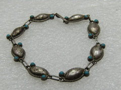 Vintage Taxco Mexico Cateye Link Braceket, Snake Eye Turquoise Accents, 7.5"