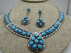 Vintage  Sterling Southwestern Turquoise Nugget Hinged Necklace & Earrings Set
