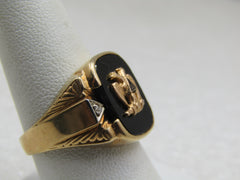 Vintage 10kt Masonic Diamond Onyx Eagle 32nd Level Ring,  signed Romany, Sz. 9