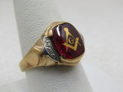 Vintage 10kt Masonic Ring, Created Ruby, Sz. 9.25, Signed IOFX, Two-Tone