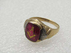 Vintage 10kt Masonic Ring, Created Ruby, Sz. 9.25, Signed IOFX, Two-Tone