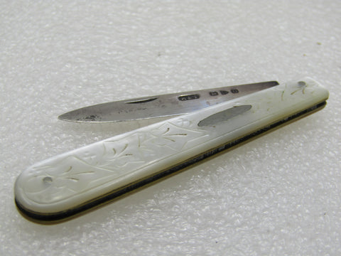Vintage Edwardian Engraved Mother-of-Pearl Folding Knife, 3" when closed, 5"