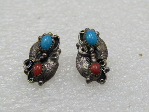 Vintage Sterling Southwestern Turquoise Coral Earrings Signed W.R.