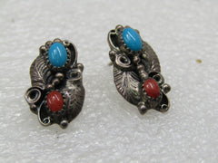 Vintage Sterling Southwestern Turquoise Coral Earrings Signed W.R.