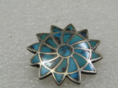 Vintage Southwestern Sterling Turquoise Brooch, Inlaid Blossom, 1.25"