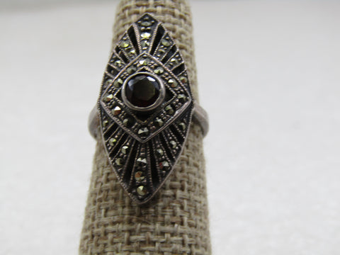 Vintage Sterling Garnet Marcasite Ring, Sz 6, Signed