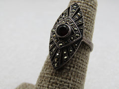 Vintage Sterling Garnet Marcasite Ring, Sz 6, Signed