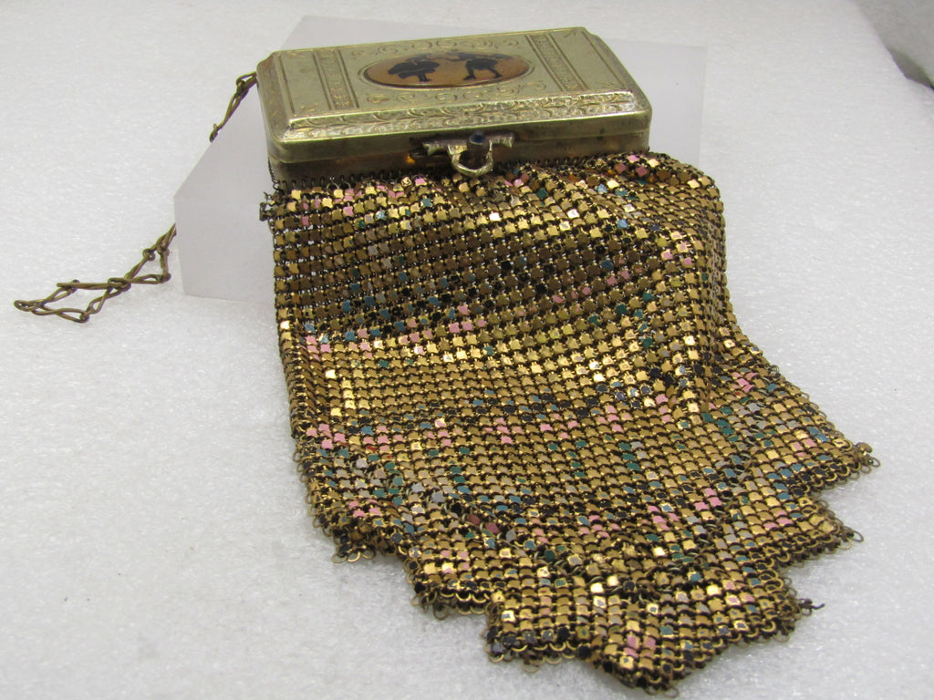 Vintage 1920's El-Sah Mesh Purse with Compact, Signed Whiting & Davis with an appx. 12" Strap - Flapper Purse