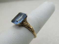 Vintage 10kt Blue Topaz Princess Cut Ring, Art Deco, Sz. 7, 3CTW