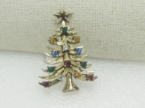 Vintage Eisenberg Ice Christmas Tree Brooch, Colored Rhinestones, 2", Gold Tone