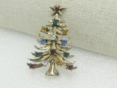 Vintage Eisenberg Ice Christmas Tree Brooch, Colored Rhinestones, 2", Gold Tone