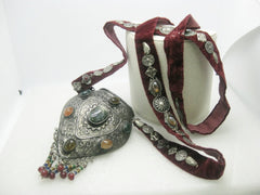 Vintage Ethnic Sajai Metal Purse, Polished Stones, Velvet Strap With Charms, Bedouin, Mid-Eastern, Bohemian, Rustic