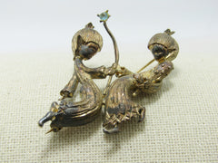 Vintage Sterling Vermeil Gemini Birthstone Brooch, Pixie Twins, Signed Vogue, Zodiac Collection, early 1900's, 16.61gr, 2"