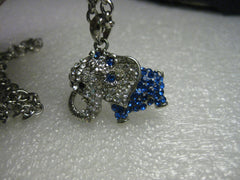 Vintage Elephant Necklace & Pendant, Rhinestone Encrusted Blue & Clear, unsigned, 18"