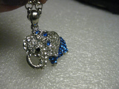 Vintage Elephant Necklace & Pendant, Rhinestone Encrusted Blue & Clear, unsigned, 18"