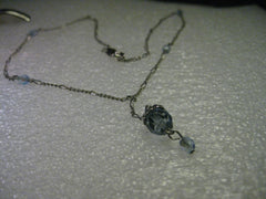 Vintage 1980's Silvertone 16" Aurora Borealis Pale Blue Accent Beaded Necklace with  Cut Bead Drop