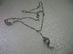 Vintage 1980's Silvertone 16" Aurora Borealis Pale Blue Accent Beaded Necklace with  Cut Bead Drop