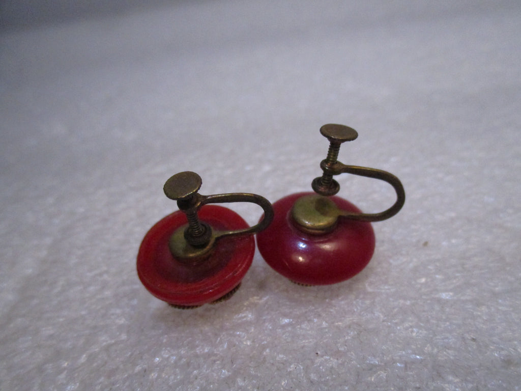 Ornate vintage - costume CAMEO clip EARRINGS - red rhinestones