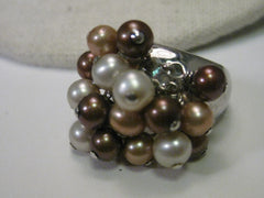 Sterling Silver Ring, Dangling  Pearl Cluster, Faux Tahitian, Mocha, Chocolate & White, sz 6, Boho Appeal