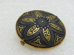 Vintage Damascene Round Domed Brooch, Trombone Clasp, Nearly 1.5", Gold oOne, 1960's