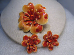 Enameled Floral Brooch & Clip Earrings Set, Shades of Orange, Rhinestone Center 1950's/1960's