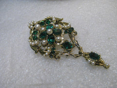 Vintage Faux Emerald/Pearl Brooch, Drop/Dangle, 3-1/8" long, Gold Tone