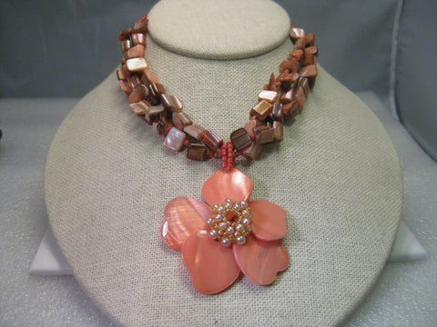 Vintage Shell Multi-Strand Necklace, Floral Pendant & Pierced Earring Set, Coral and Browns, Seed Beads.