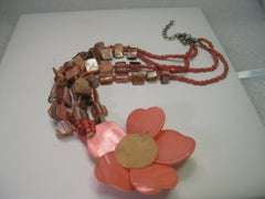 Vintage Shell Multi-Strand Necklace, Floral Pendant & Pierced Earring Set, Coral and Browns, Seed Beads.